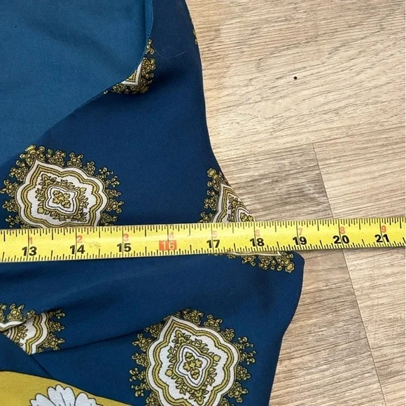 Jonathan Martin Blue and Gold Midi Sundress with V-Neck, Sleeveless Design & Tie - Picture 7 of 10